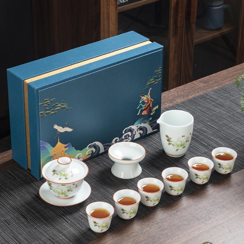 Kung Fu tea set commercial blue and white porcelain simple teacup ceramic tea cover bowl gift box business gift