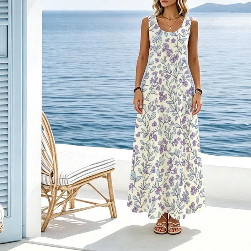 Floral Sleeveless Flowy Maxi Dress Lightweight,Fresh Style,Versatile for Beach Vacation Daily Wear