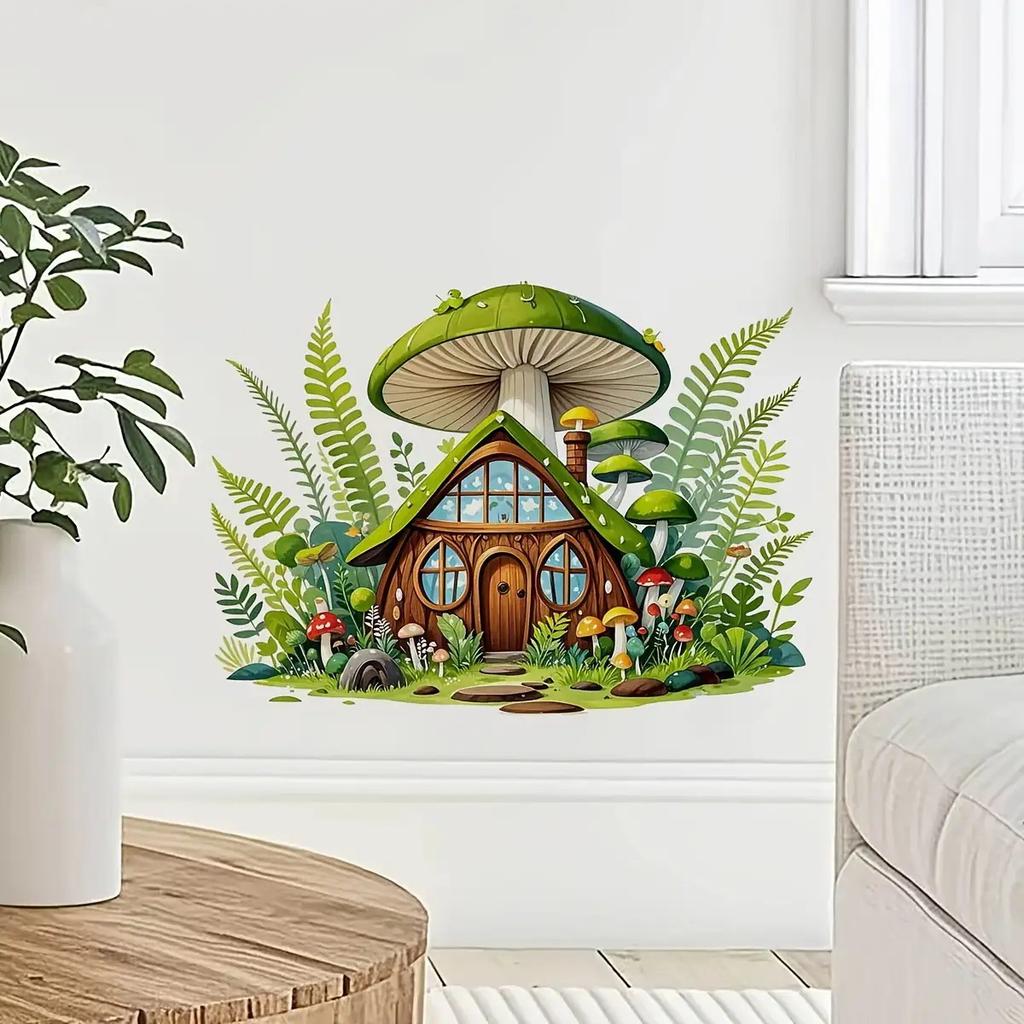 Fairy Tale Mushroom House Cartoon Forest Wall Sticker Self Adhesive Waterproof Kids Room Decor