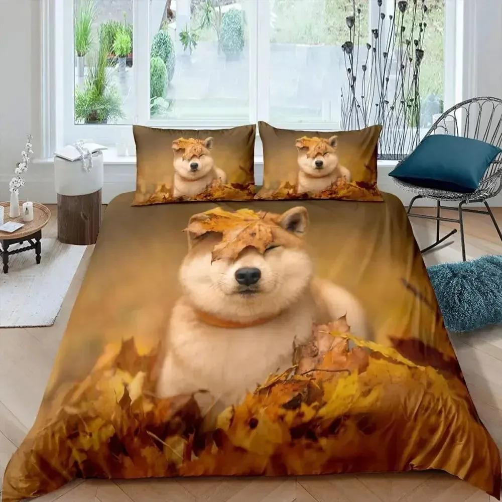 3D Cute Shiba Inu duvet cover and pillowcase, teen and adult puppy print bedding set, bedroom gift for boys and girls