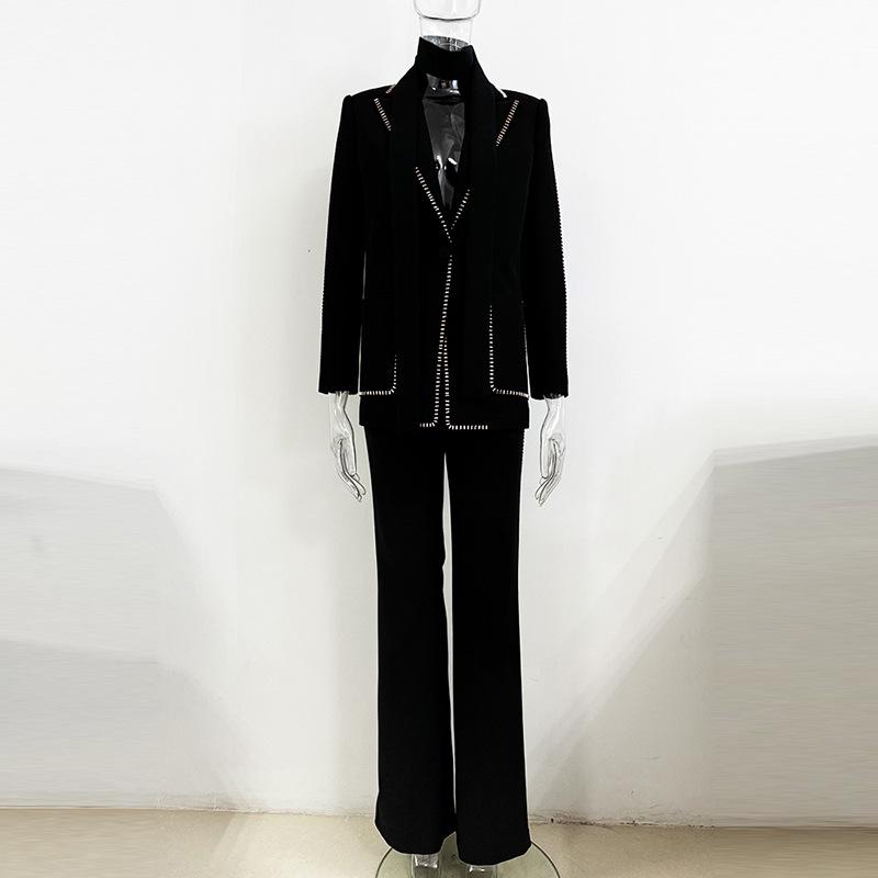 2026 High Street Spring Fashion: Rhinestone Suit Jacket & Trousers Scarf Set for Women
