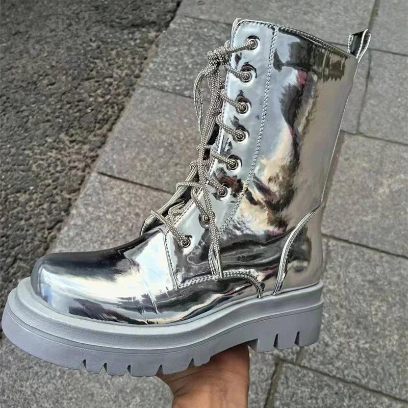 Fashion Silver Belt Buckle Cross Strap Rhinestone Short Boots Casual Motorcycle Thick Sole Knight Boots Women Winter Silver  Boots