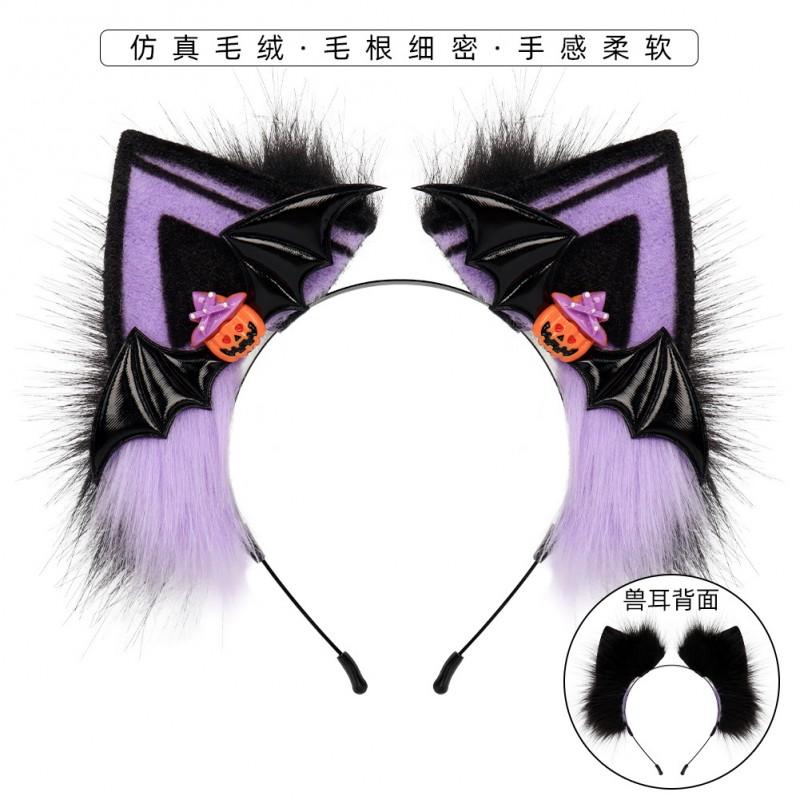 Halloween Cat Ear Headband Plush Faux Fur Pumpkin Headpiece Lolita Cosplay Adult Costume Accessory
