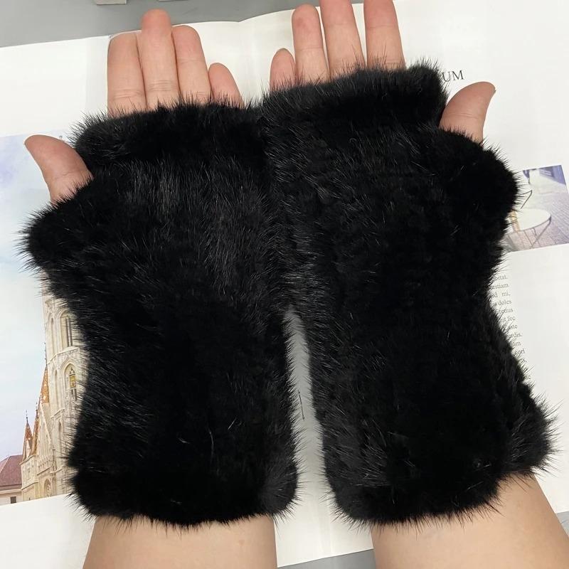 Winter Gloves for Women Natural Mink Fur Knitted Fingerless Solid Warm Elastic Gloves