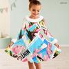 Girls High Neck Long Sleeve Printed White Blue Furry Trim Bow Waist A Line Flared Dress