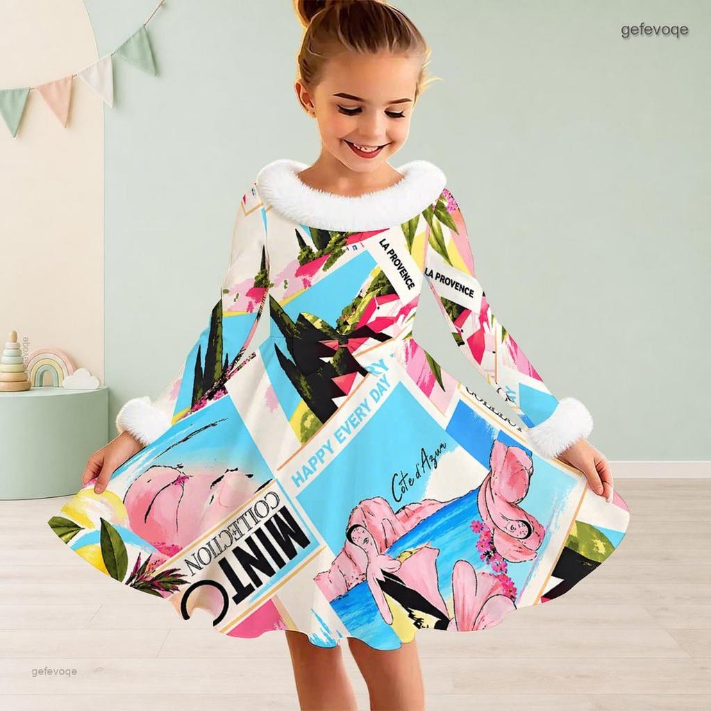 Girls High Neck Long Sleeve Printed White Blue Furry Trim Bow Waist A Line Flared Dress