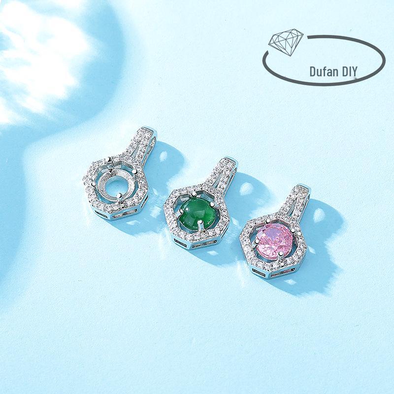 White Gold & Copper Round Pendant Base with Diamond Imitation, 925 Silver, for DIY Ice Flower Necklace.