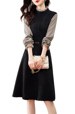 Seira Midi Long Flared Check Ruffle Spring Women's Dress, Sleeve, Dress, Pattern, Neck, A-Line, Stylish, Elegant, Fall, Winter,