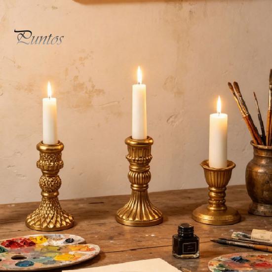 European Retro Candle Holder Vintage Taper Holder, Nostalgic Resin Candlestick Decorative Black Stand for Wedding Party Dinning Table Centerpiece Gold