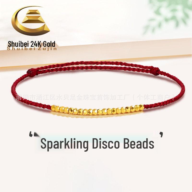 999 Gold Zodiac Red Bracelet: Crushed Disco Beads & Gold Luck Charm, Perfect Gift for Girlfriend