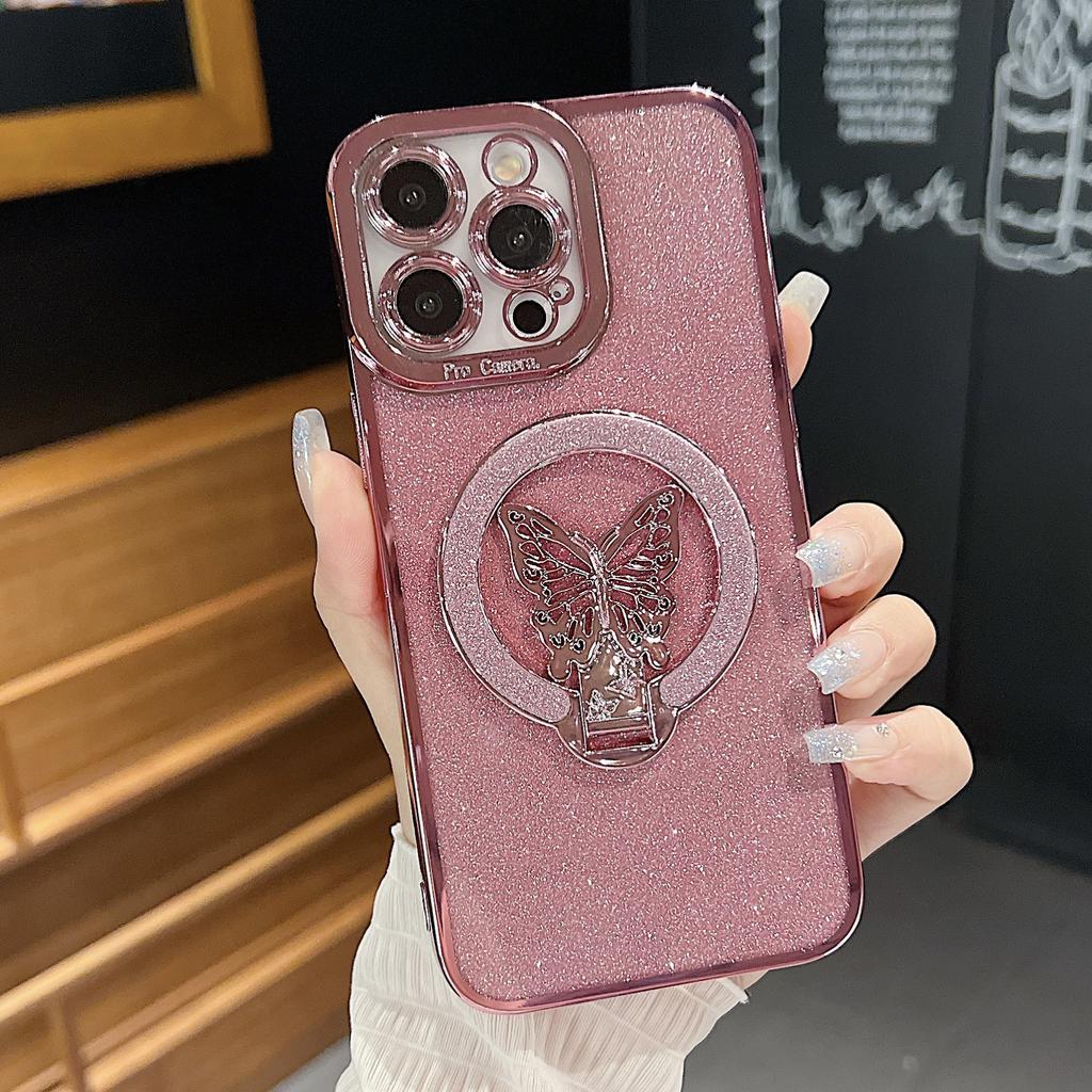 Suitable for Apple 16 Electroplated Eye Glitter Butterfly Stand Phone Case, Anti-drop IPhone15promax Protective Case