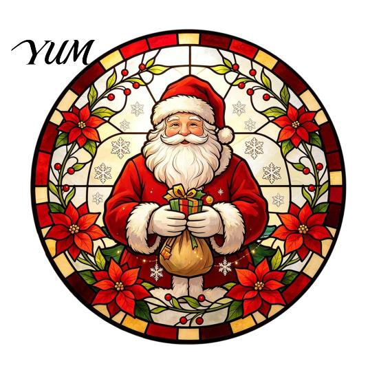 Christmas Party Glass Decorations Round Window Sticker, Stained Style, Removable Static Film Cling, Santa Claus Tree PVC Decal for Holiday Home Decor
