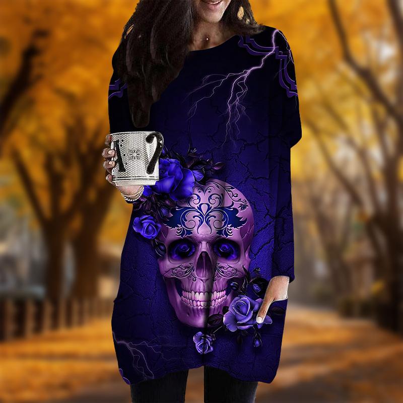 New In Autumn Skull Lightning Print Plus Size Dress Women O'neck Long Sleeves Casual Pocket Dresses