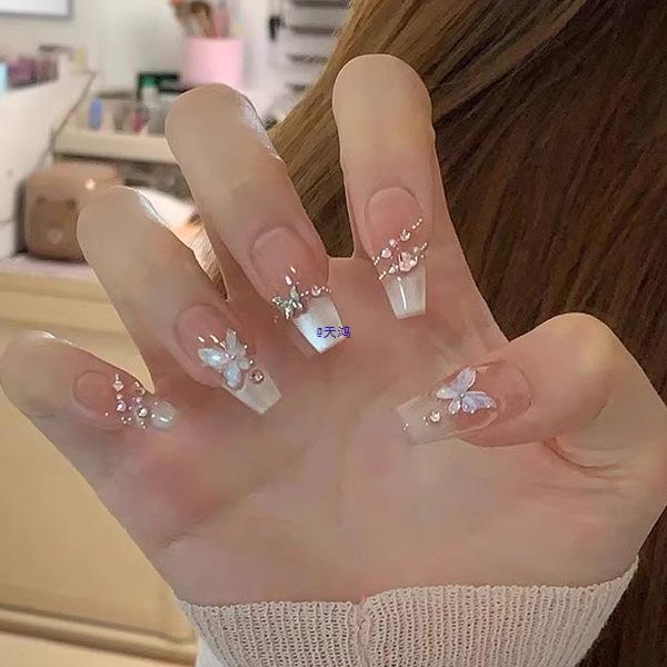 Handmade Medium-Long Ice Crystal Butterfly Cat Eye Nails for Brides or Pregnant Women