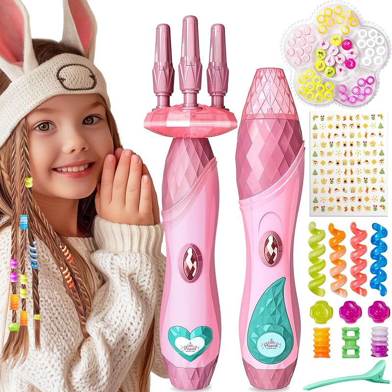 Geyiie Hair Twist Toys for Grils, DIY Hair Styling Tool Toys with Halloween Nail Sticker, DIY Hair Decoration Bead Maker, Girls Pretend Dress Up Toys