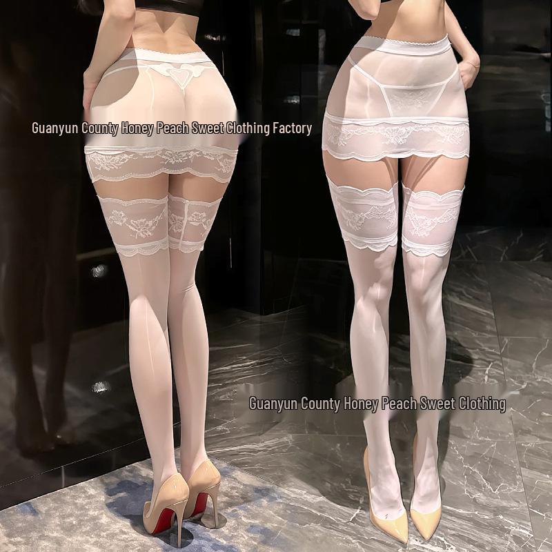 Seductive Sheer Hip-Hugging Miniskirt with Lace Trim and Over-the-Knee Black Stockings