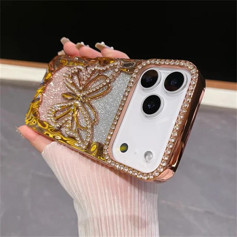 For iPhone 17 Pro Max Luxury Plating Frame Flash Diamond Butterfly Phone Case For iPhone 11 12 13 14 15 16 17 Protective Glitter  Cover