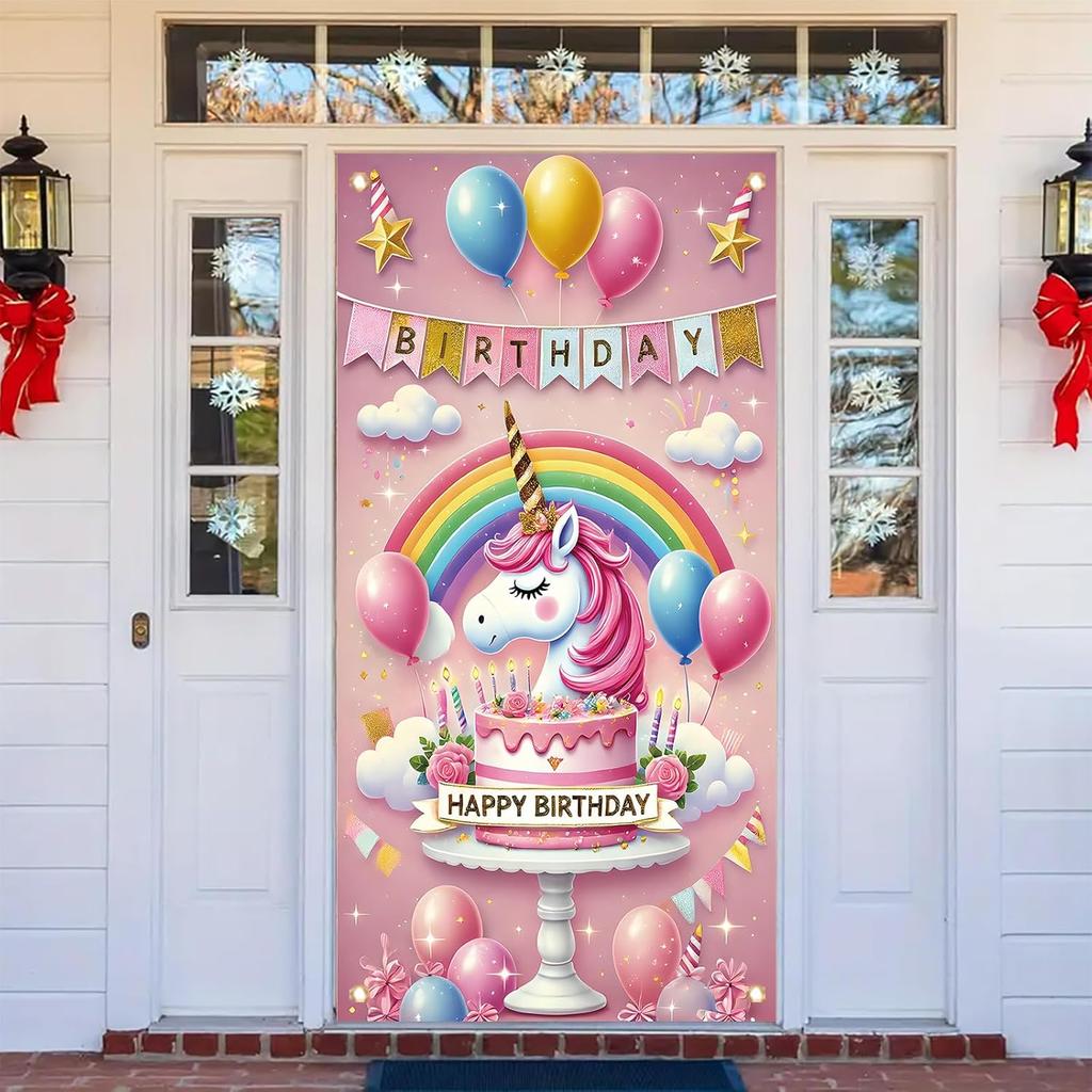 Birthday Door Cover Banner Colorful Cake Balloon Banner Party Decoration Hanging Backdrop for Kids Adults Birthday Celebration Entrance Photography