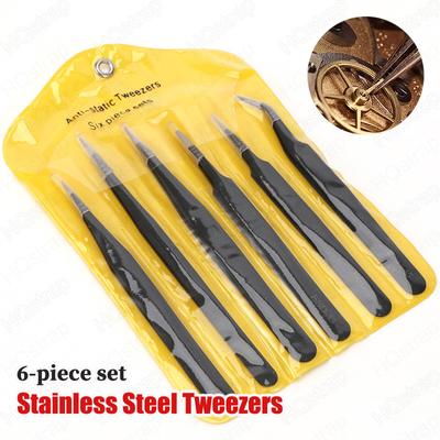 6ks/sada přenosných nástrojů pro opravu hodinek, antistatická pinzeta z nerezové oceli, upínací nástroj, rovný ohyb pro hodinářské příslušenství