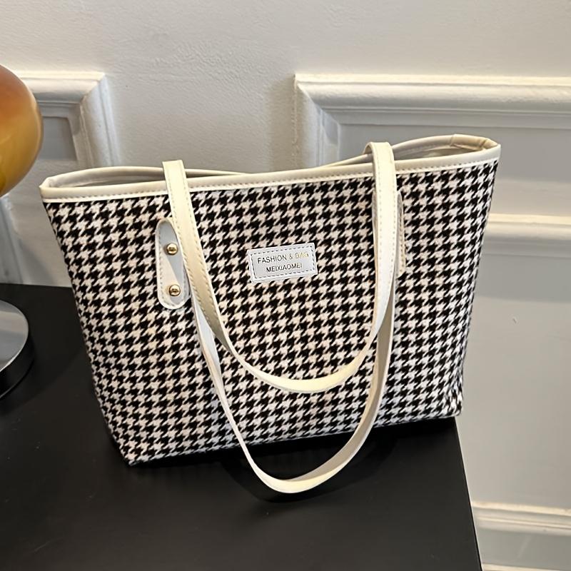 Casual Houndstooth Print Tote Bag, Large Capacity Shoulder Purse with Brown Leather Straps, Versatile for Everyday Work Outings