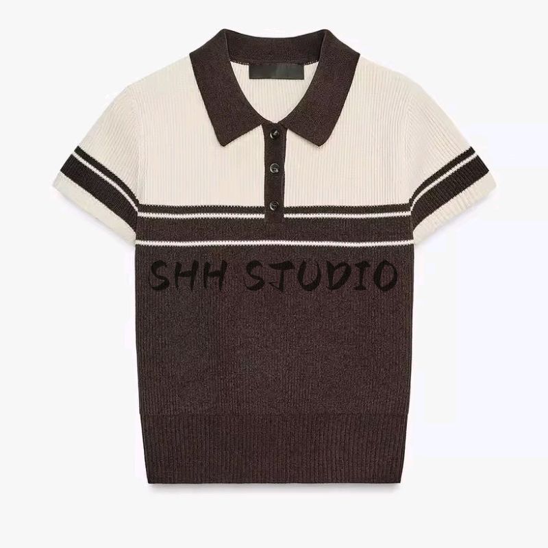 Autumn New Women's Clothing American Button Design Rib Knitting Polo Shirt Collar Short Sleeve Tops 4938102