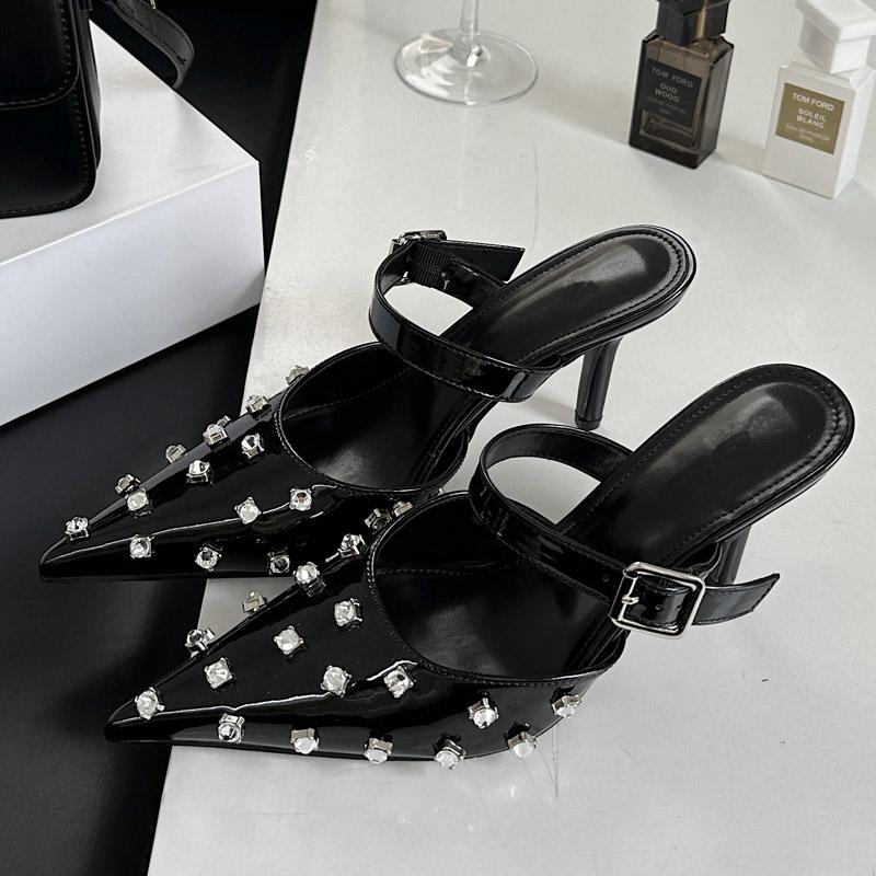 Fashion Eilyken Crystal Diamond Buckle Pointed Toe Women Slippers Fashion Thin High Heels Prom Party Pumps Ladies Shoes Zapatos De Mujer
