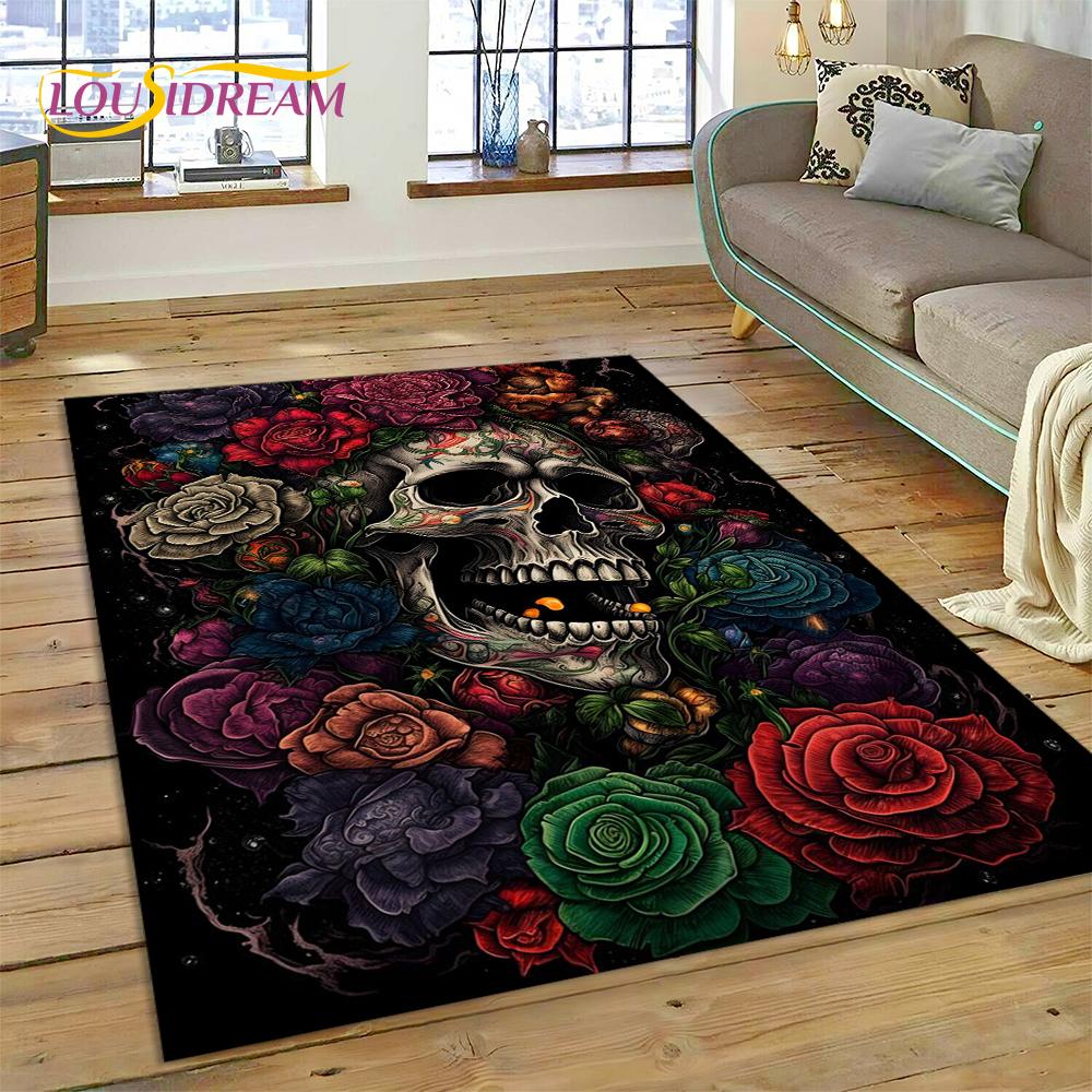 Cartoon Horrible Gothic Skull Flowers Carpet Rug for Home Living Room Bedroom Sofa Doormat Decor,Kid Area Rug Non-slip Floor Mat