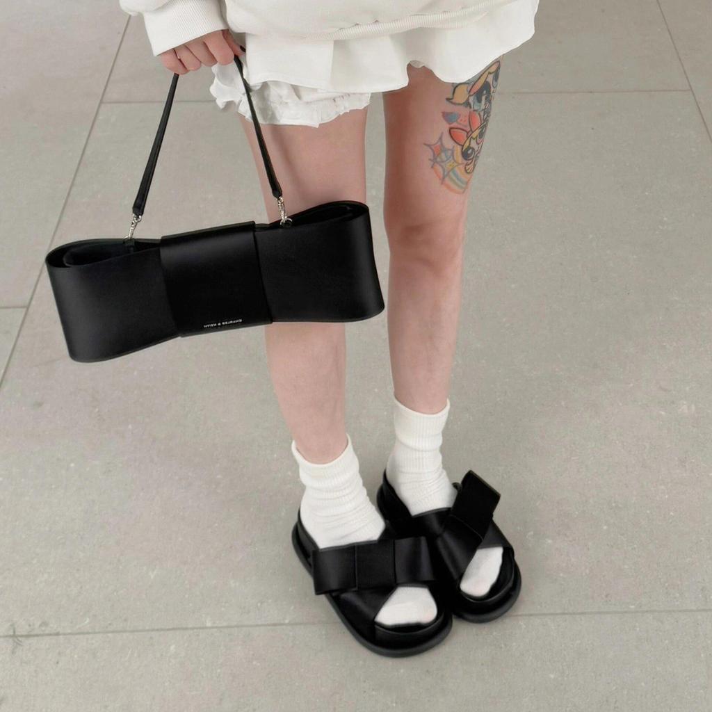 Sheepskin version~ Summer new bow-tie leather thick-bottomed one-word slippers for women's outer wear heightening half-drag high-heeled sandals