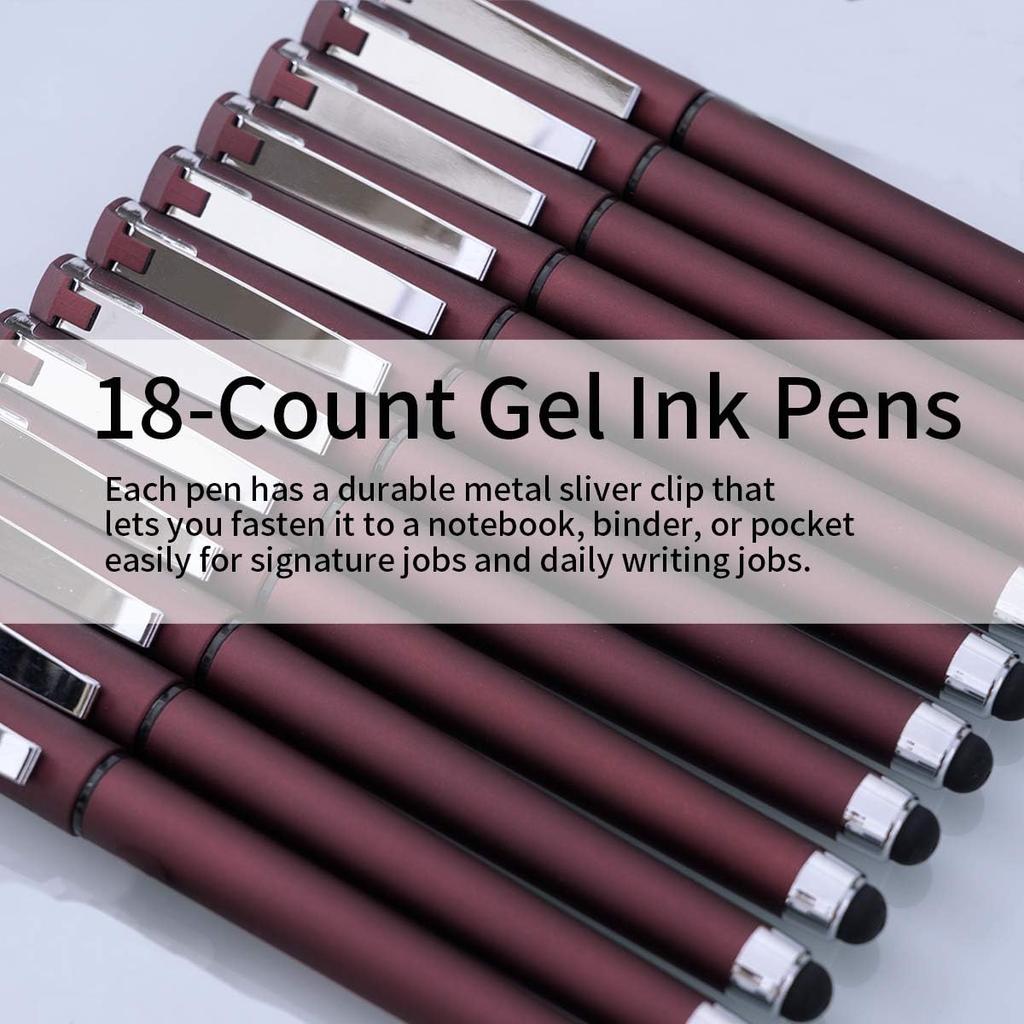 Black Gel Ink Rollerball Pens 1.0mm Gel Pens 2-in-1 stylus Pens 1.0mm Medium Point Pen for Office, Black gel ink(18 Pack-Dark red)