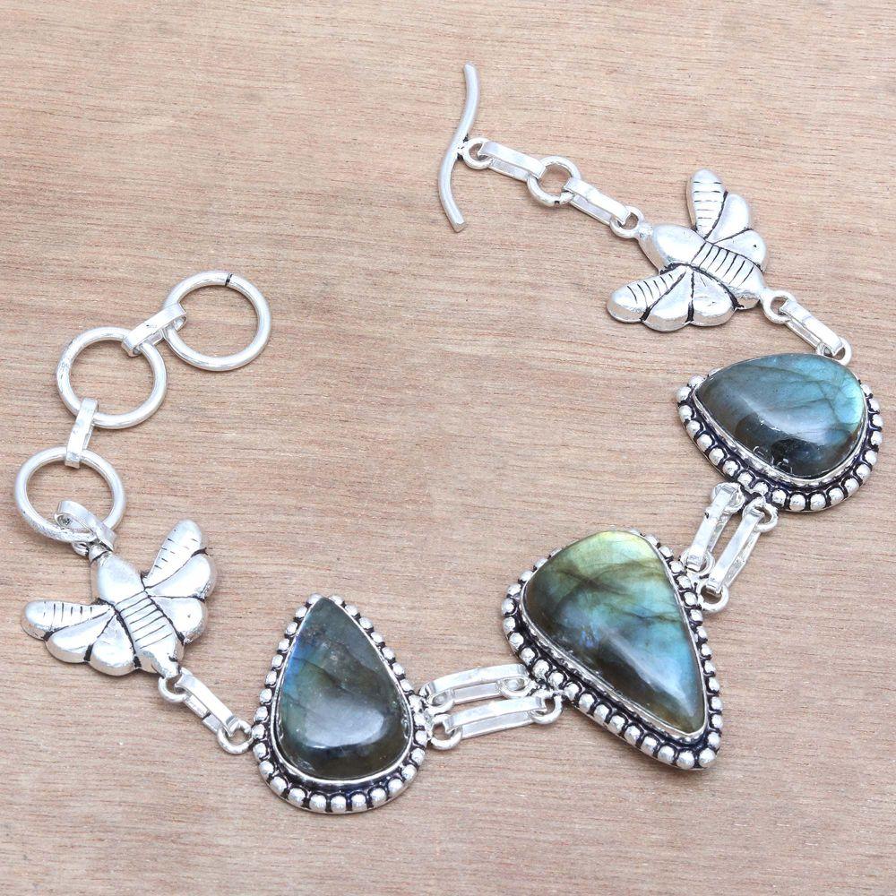 Shiney Labradorite Gemstone Silver Jewelry Bracelets 7''Adjusable