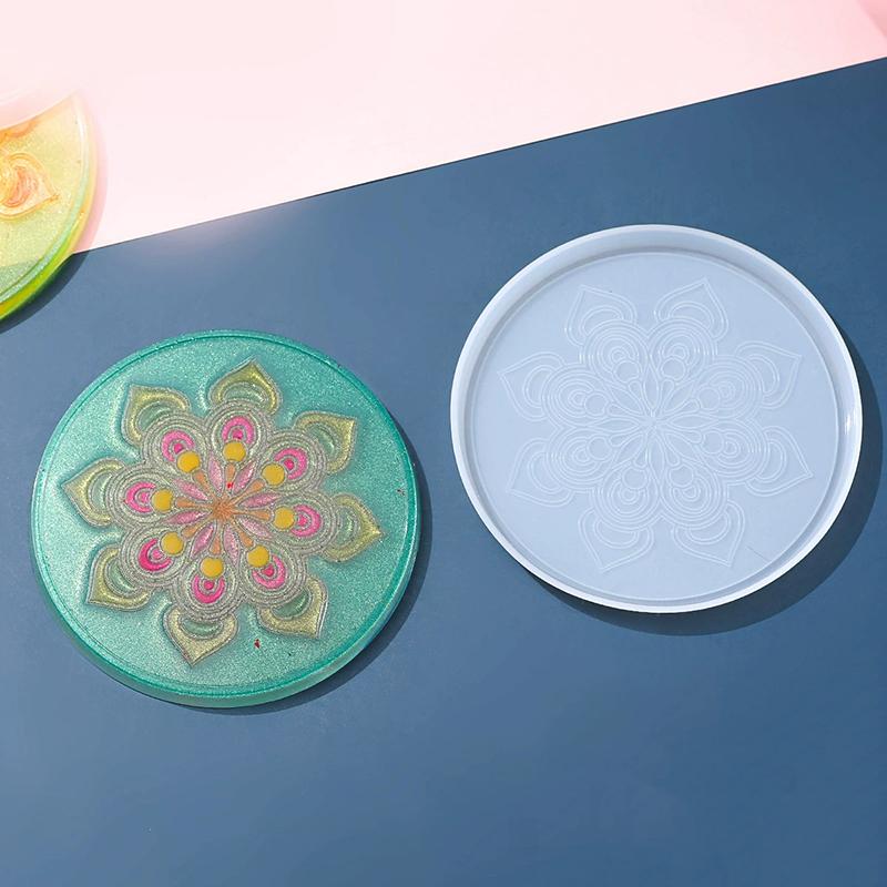 WTEMPO Epoxy Resin Embossing Molds Set DIY Bohemian Style Coaster Making Molds Creative Patterned Silicone Molds Circular Groove Teacup Mats Molds