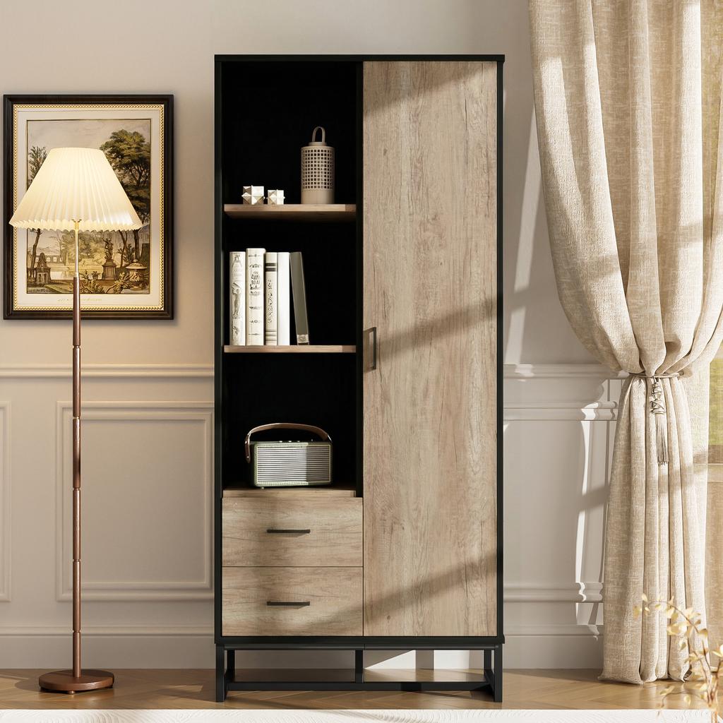 Modern highboard cabinet 80x40x180 cm – wood-look, black frame, door, 2 drawers & 3 open compartments – versatile storage for living room, office