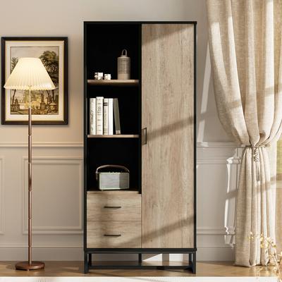 Modern Highboard Cabinet 80x40x180 Cm – Wood-look, Black Frame, Door, 2 Drawers & 3 Open Compartments – Versatile Storage for Living Room, Office