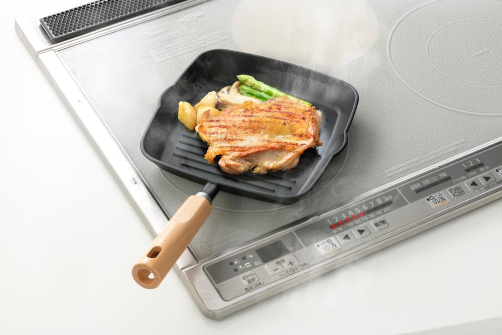 Ishigaki Cast Iron Grill Pan, Outdoor, Wave and Square, Wooden Handle, Induction Compatible, 4564