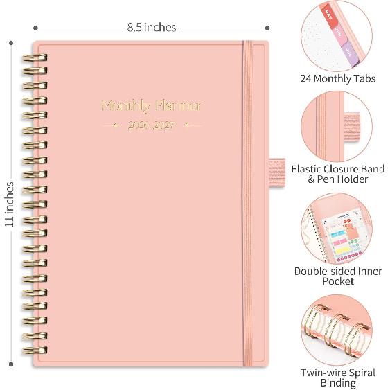 RETTACY 2026-2027 Monthly Planner, Jan 2026 - Dec 2027, Large Size (8.5" x 11"), Agenda, Calendar, 24 Month Tabs, Flexible Plastic Cover, 100 GSM