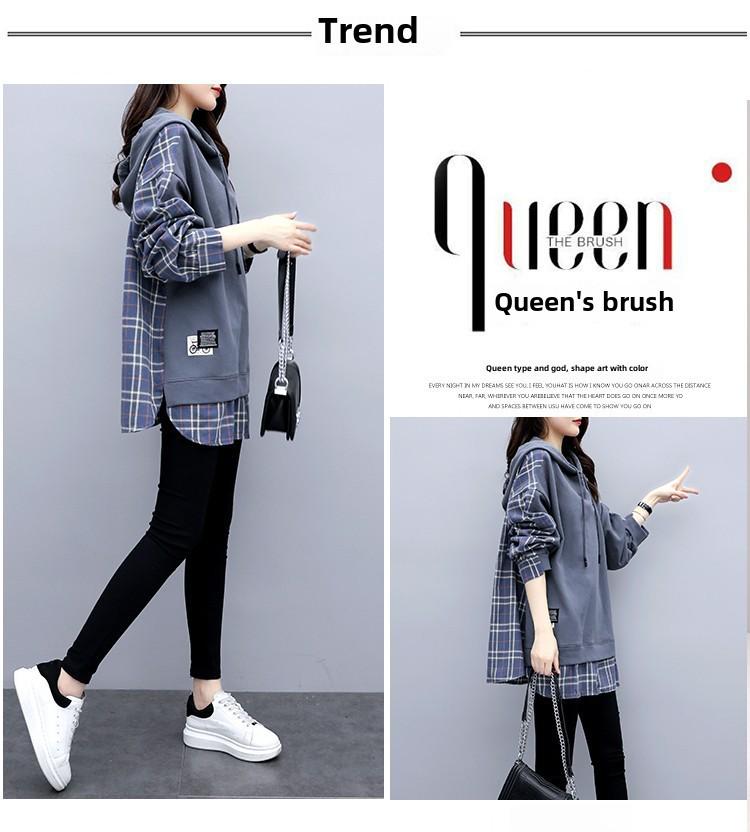 Cotton Hooded Sweatshirt for Women - Fake Two-Piece, Korean Style, Loose Fit, New 2022 Spring & Autumn Trend