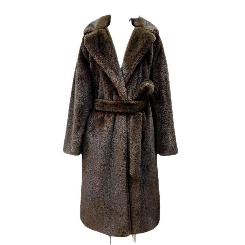 Source imitation fur jacket women's coat suit collar strap waist extended winter coat