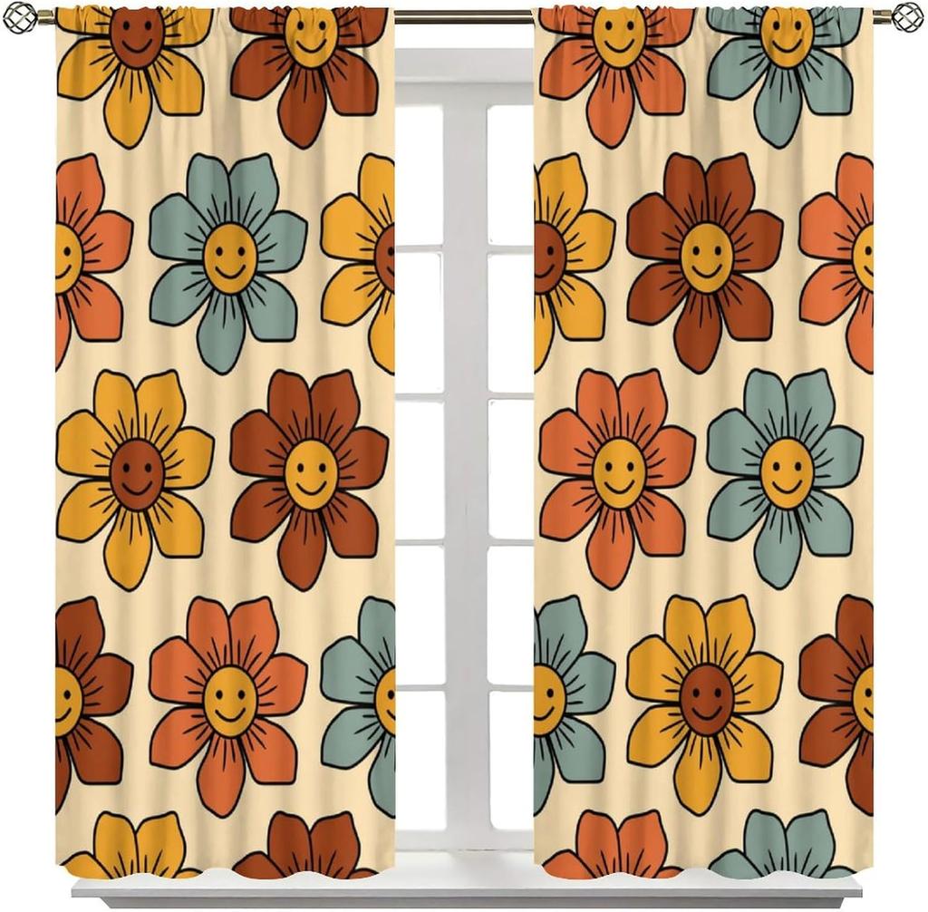 70S Flowers Curta Retro Colors Floral Groovy Vintage Colorful Blackout Window Drapes For Bedroom Living Room Kitchen Cafe