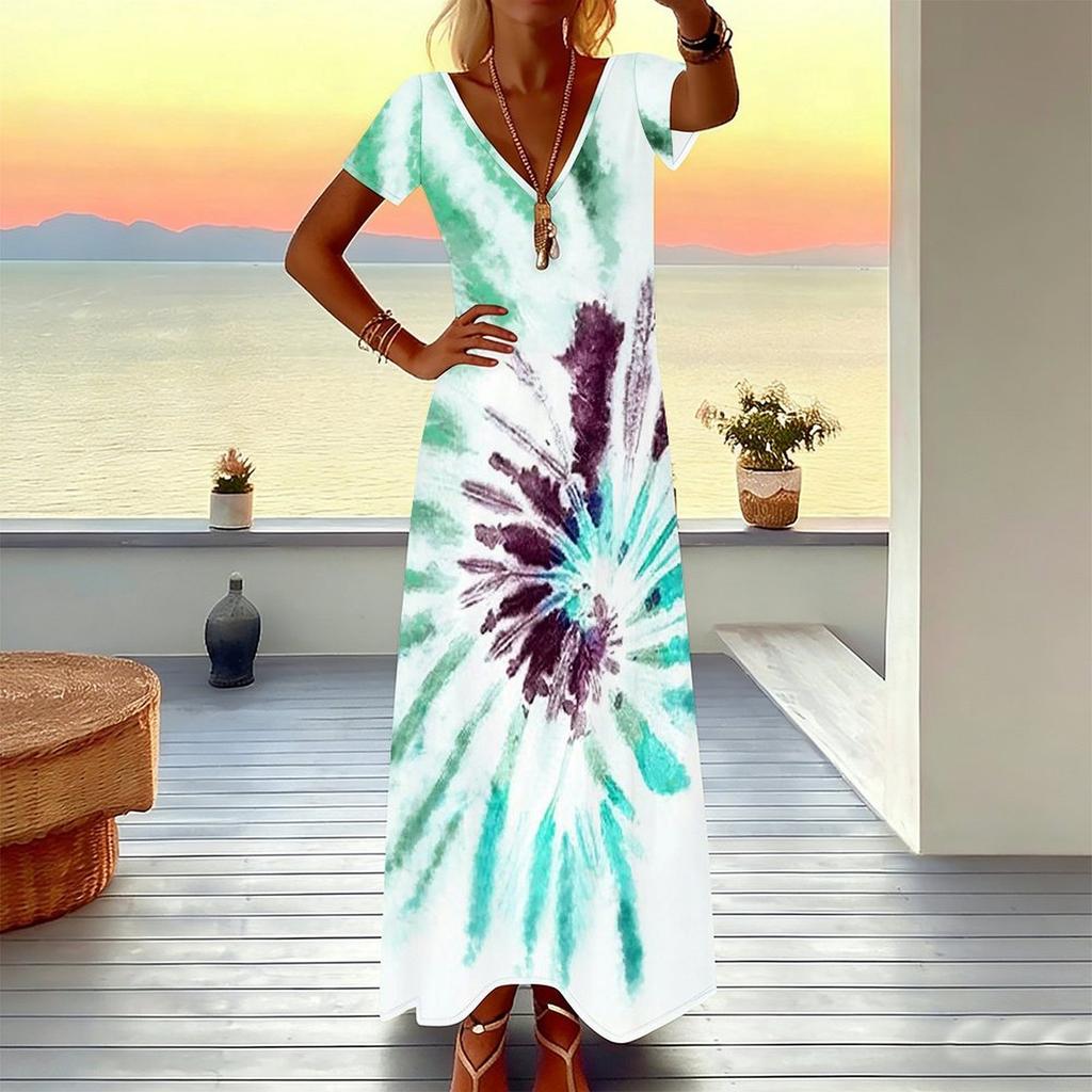 Women Plus Size V Neck Short Sleeve Maxi Dress Spiral Tie Dye Print Loose Summer Holiday Long Dress