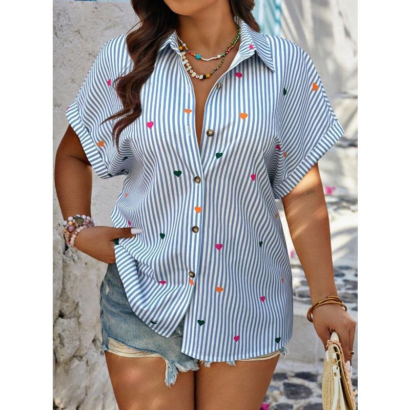 Summer New Fashion Women's Short-sleeved Striped Love Print Casual Shirt