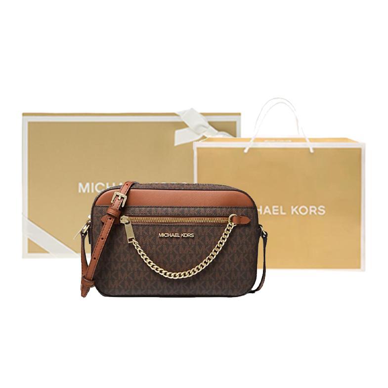 Michael Kors Mk Jet Set Monogramm Logo Kette PVC Leder Kamera Tasche Damen Umhängetasche Karamell Eichel 35S1GTTC9B-BROWN
