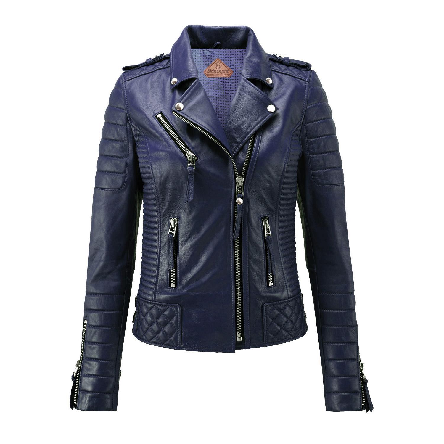 

SKINOUTFIT Women s Motorcycle Leather Jacket Genuine Blue Lambskin Cafe Racer Biker Outerwear XS синій