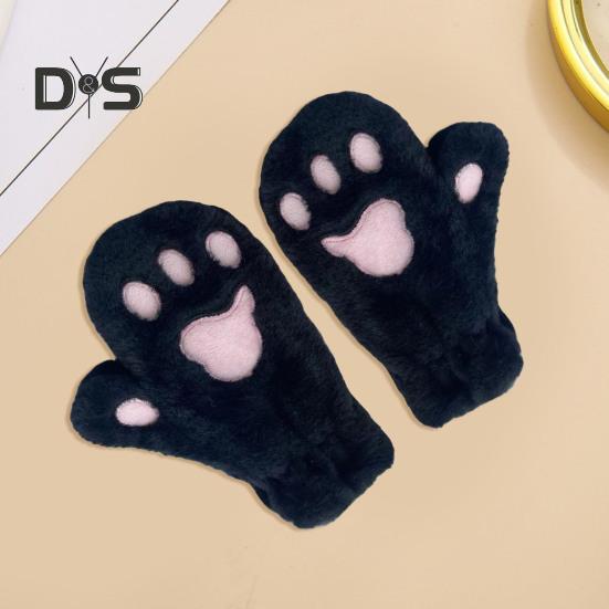 1 Pair Women Winter Mittens Cartoon Cat Paw Shape Thick Plush Anti-slip Heat Retention Outdoor Skiing Cycling Gloves