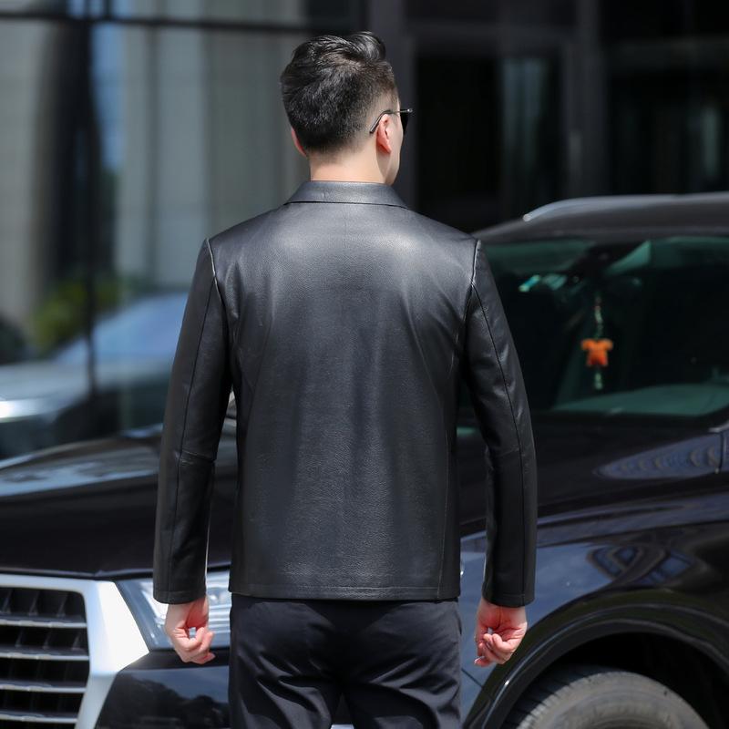 Spring and Autumn Men's Genuine Leather Jacket First Layer Cowhide Jacket Solid Color Lapel Jacket Middle-aged Business Dad Outfit Large Size