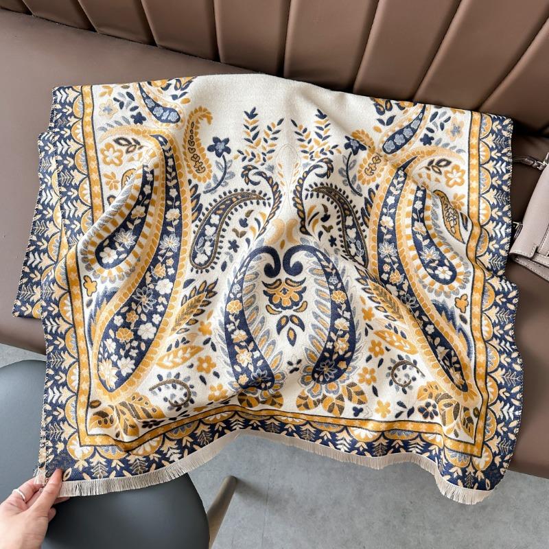 

Thick imitation cashmere scarf women s winter new double-sided contrasting color jacquard cashew flower retro shawl 180x65cm