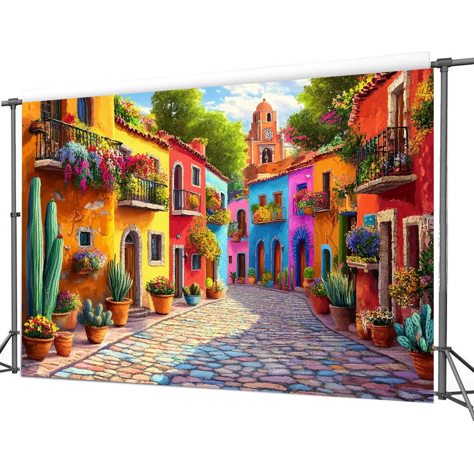 Buntes Mexikanisches Straßenbild Wandteppich Lebendige Kopfsteinpflastergasse Blumen Kaktus Lateinamerika Kultur Wandbehang für Café-Dekoration 150x100cm(60x40in) yellow