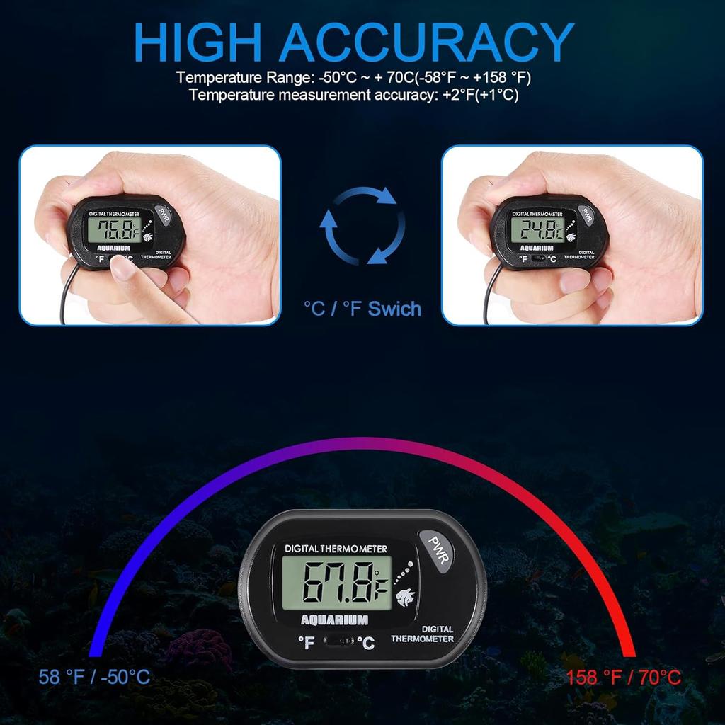 Aquarium Thermometer LCD Digital Fish Tank Thermometer with Water-Resistant Sensor Probe and Suction Cup for Turtle Incubators Terrarium Water