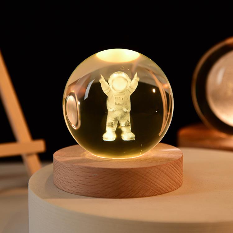 3D Art Nebula Laser Carving Solar System Moon Planet Nights Lamp LED Glowing Crystal Glass Globe Ball Wood Base Night Light