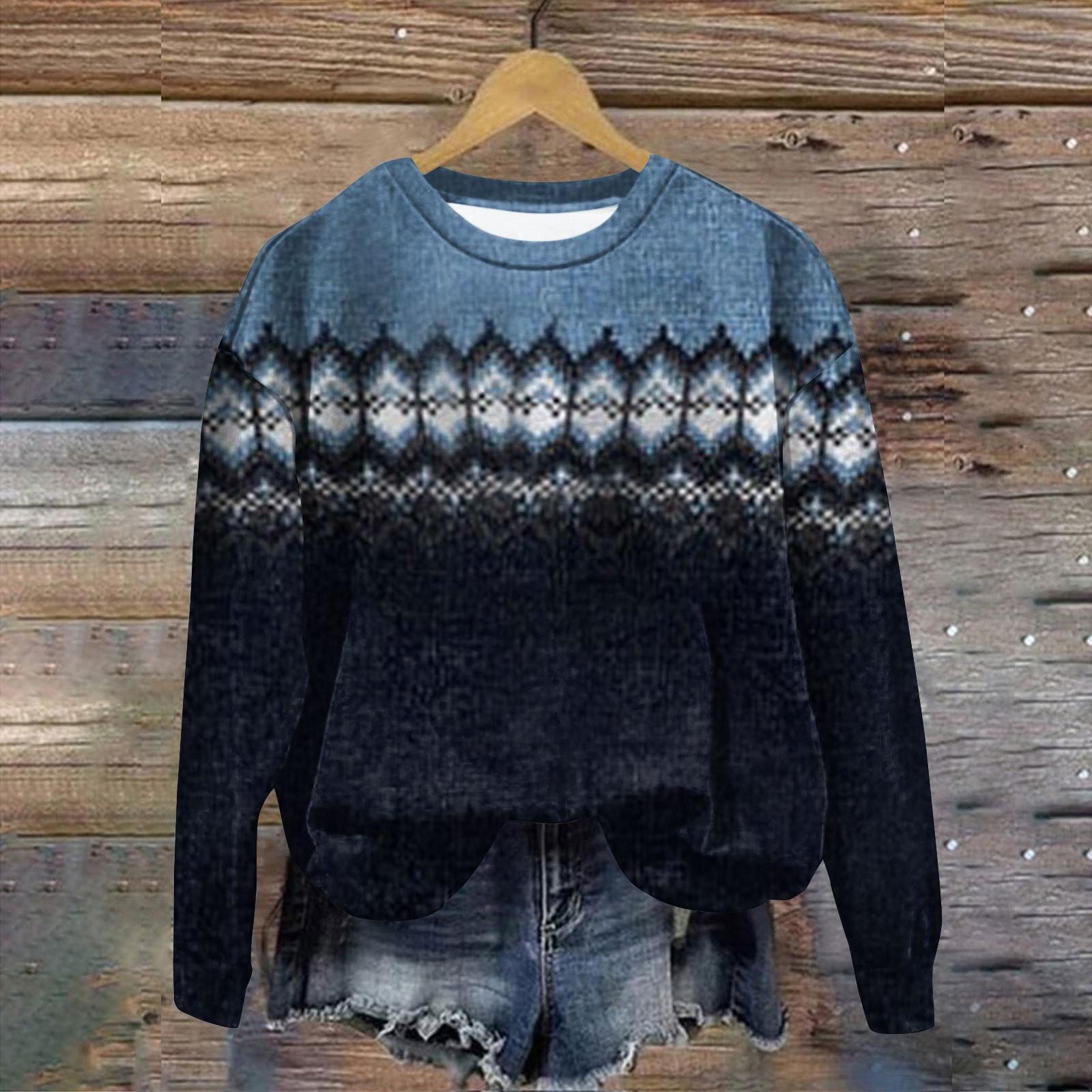 

Женская мода ChristmasPrinted с длинным рукавом свободный круглый вырез толстовка Топ XXXL тёмно-синий