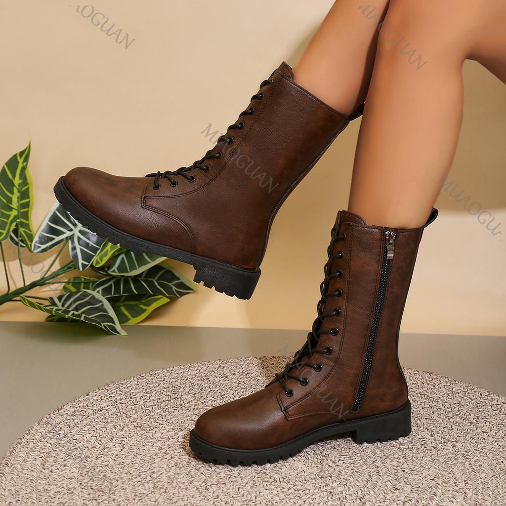 Herbst Damen Mid-Calf Stiefel Große Größe Seitenreißverschluss Britischer Stil Retro Runde Spitze Ritterstiefel Lässig Einfarbig Kurze Stiefel